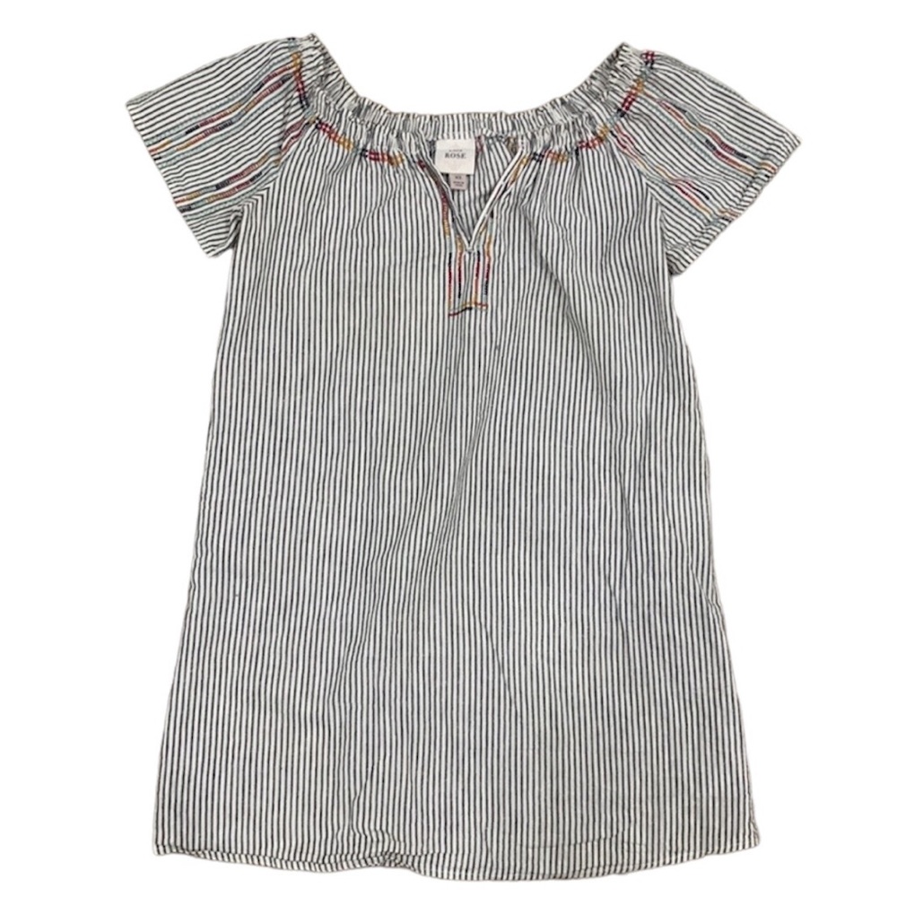 Knox Rose Linen Blend Boho Embroidered Striped Short Sleeve Dress Size XS